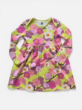 Tea Collection Girls Floral Long Sleeve Dress in Lime & Pink Blossoms Sz 3T